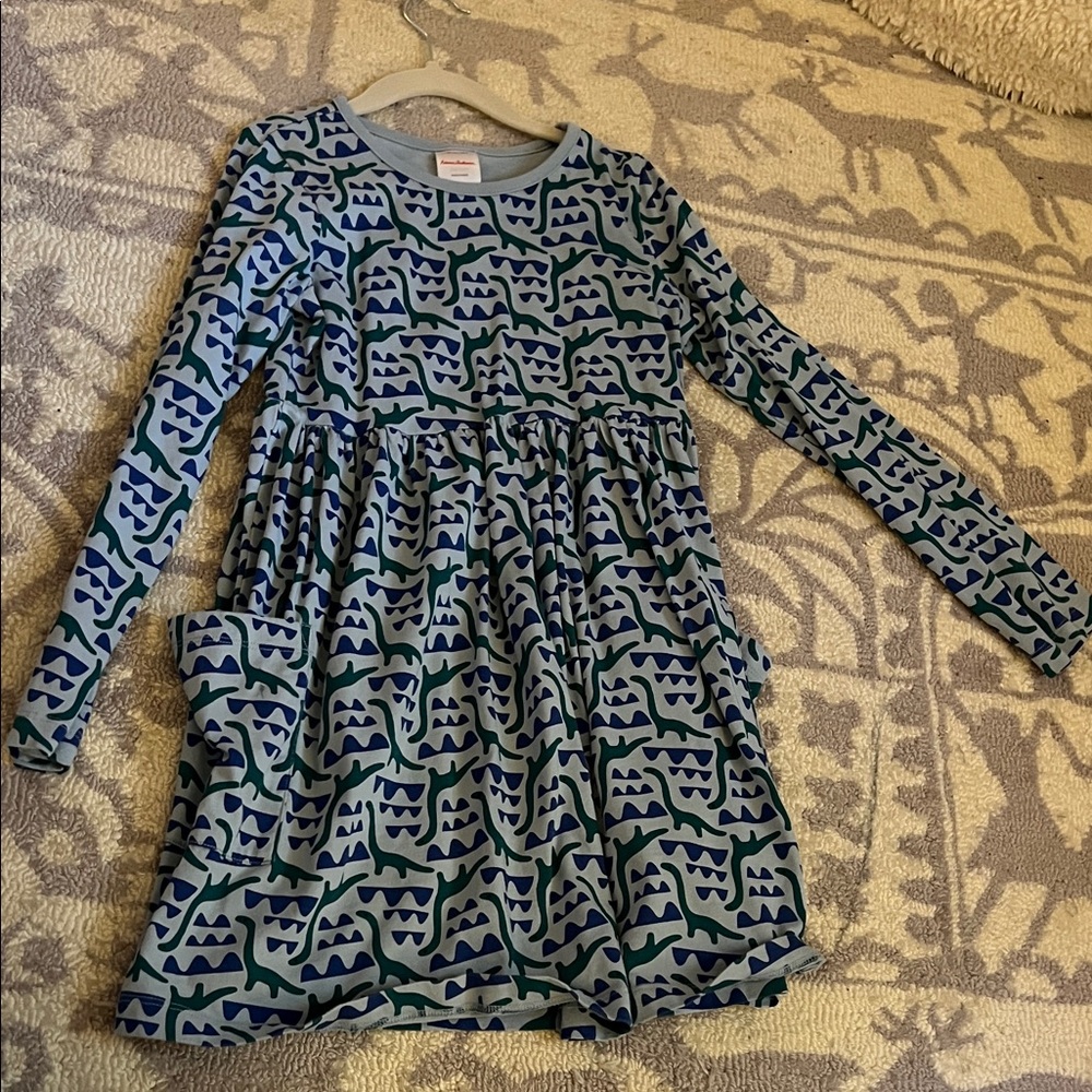 Hanna Andersson Blue Teal Dino Print Long-Sleeve Dress